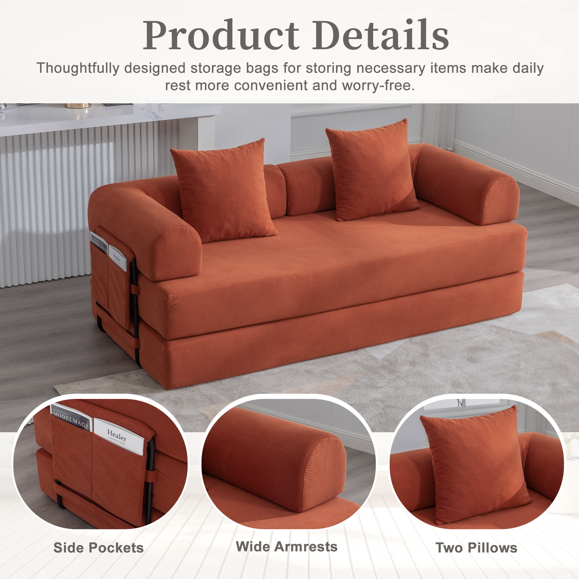 MOONMISS Corduroy Upholstered Modern Comfort Foldable Compressible Sofa Bed with Sturdy Metal Frame-Orange