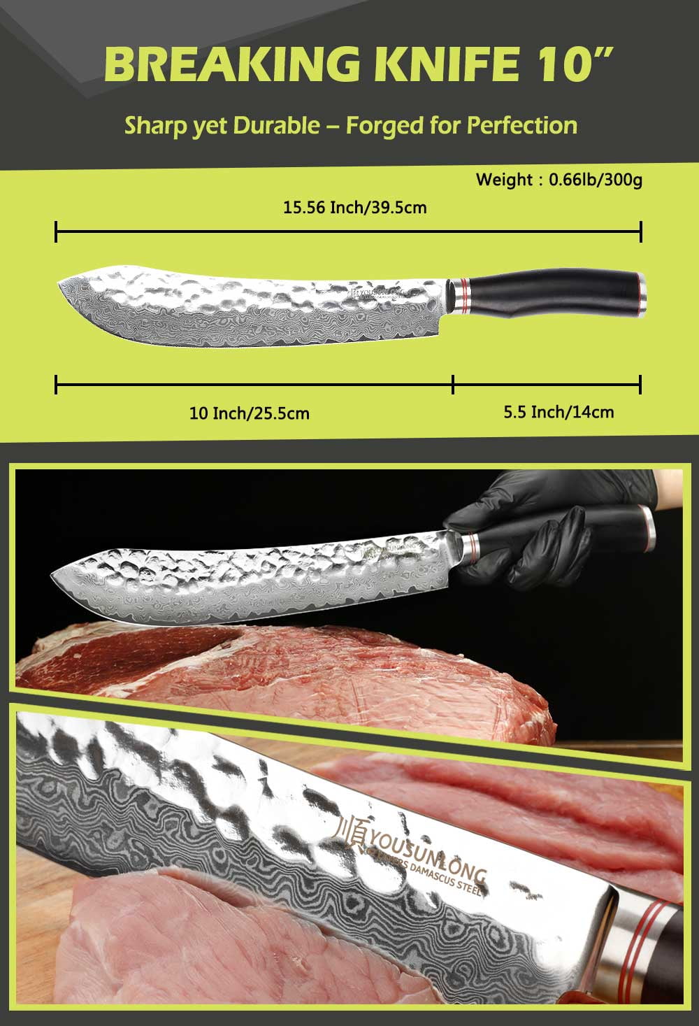 YOUSUNLONG 10 Inch Bull Nose Pro Butcher Knife, Japanese 67 Layers Hammered Damascus Steel