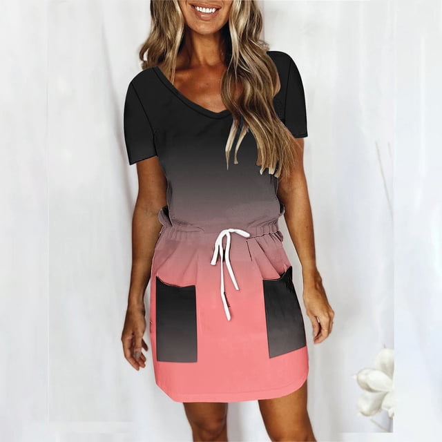 LOVZFMLL Robe Mi-Mollet à Manches Courtes et Col en V Unie pour Femme Rouge Melon D\'eau TG