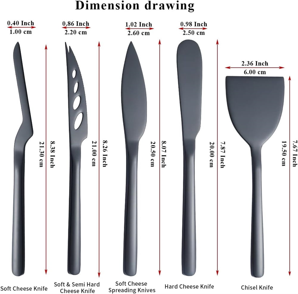 Cheese Knife Set of 5 for All Types of Cheese, NOGIS Stainless Steel Cheese Cutter Slicer Ergonomic Design for Confortable Grip and Cut, Butter Spreader Knife (Black)