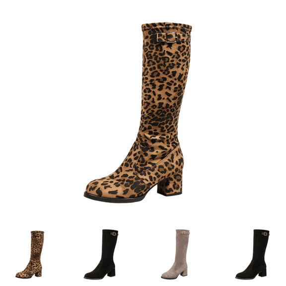 EKVAHL Women's Block Heel Knee High Boots, Faux Suede Adjustable Buckle Tall Boots, Round Toe Office Shopping Fall Winter Boots Multicolor