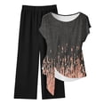 thumbnail image 2 of Maqroz Trendy Outfits for Women 2026 Print Tie Waist Short Sleeve Crew Neck Top and Long Pants Set Loose Summer Vacation Lounge Sets Khaki XL, 2 of 5