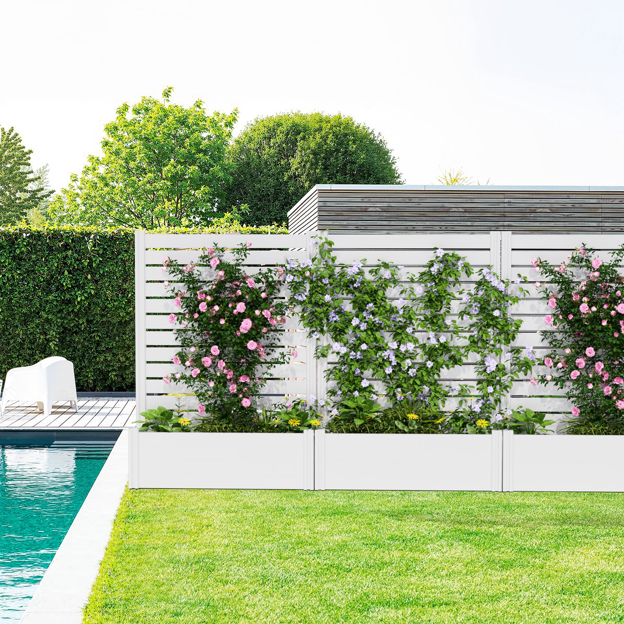 MAYEERTY Outdoor White PVC Rectangular Planter Box with Trellis for Climbing Plants, Raised Garden Bed