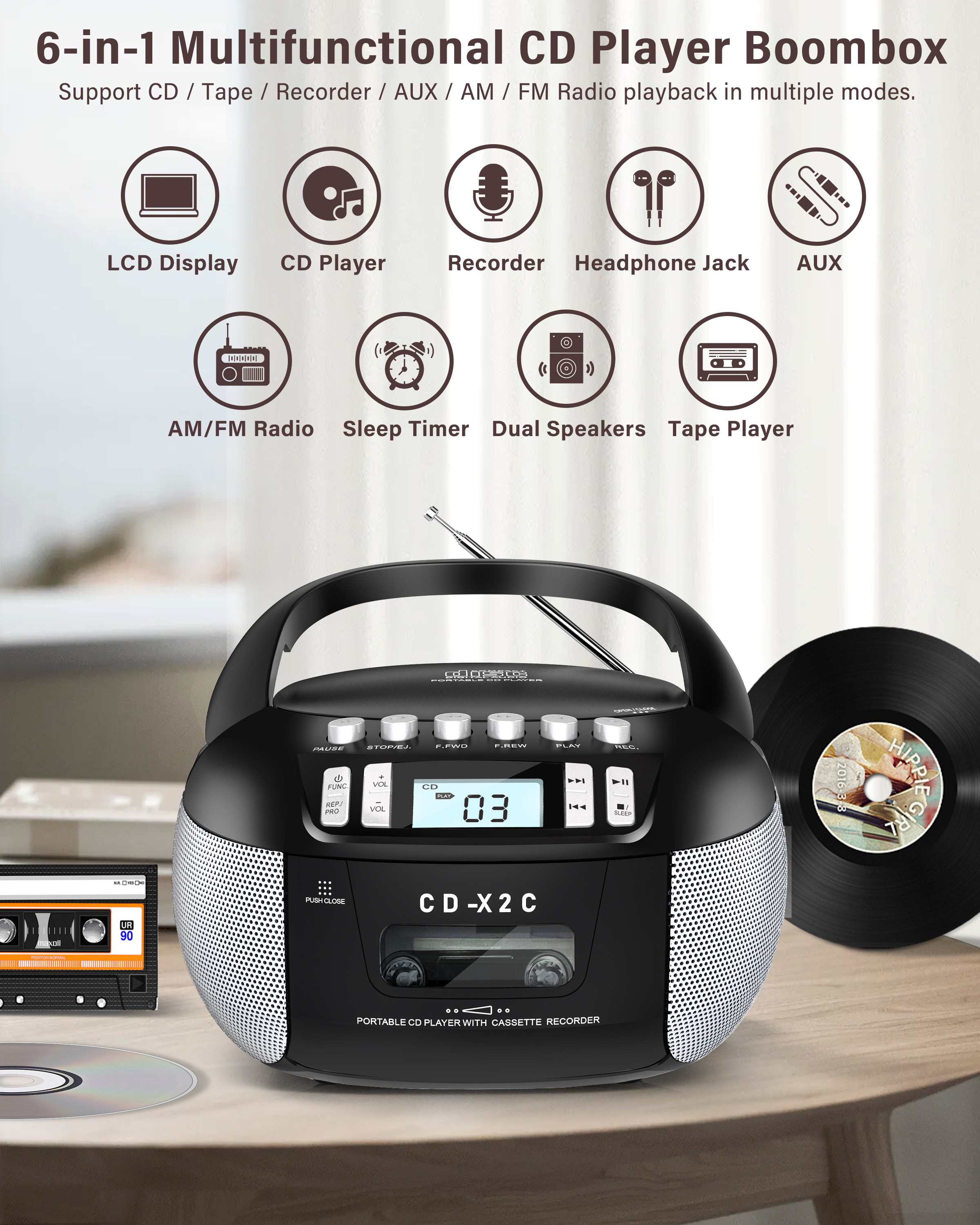Jazmm Portable CD Cassette Boombox Player with AM/FM Radio photo 7