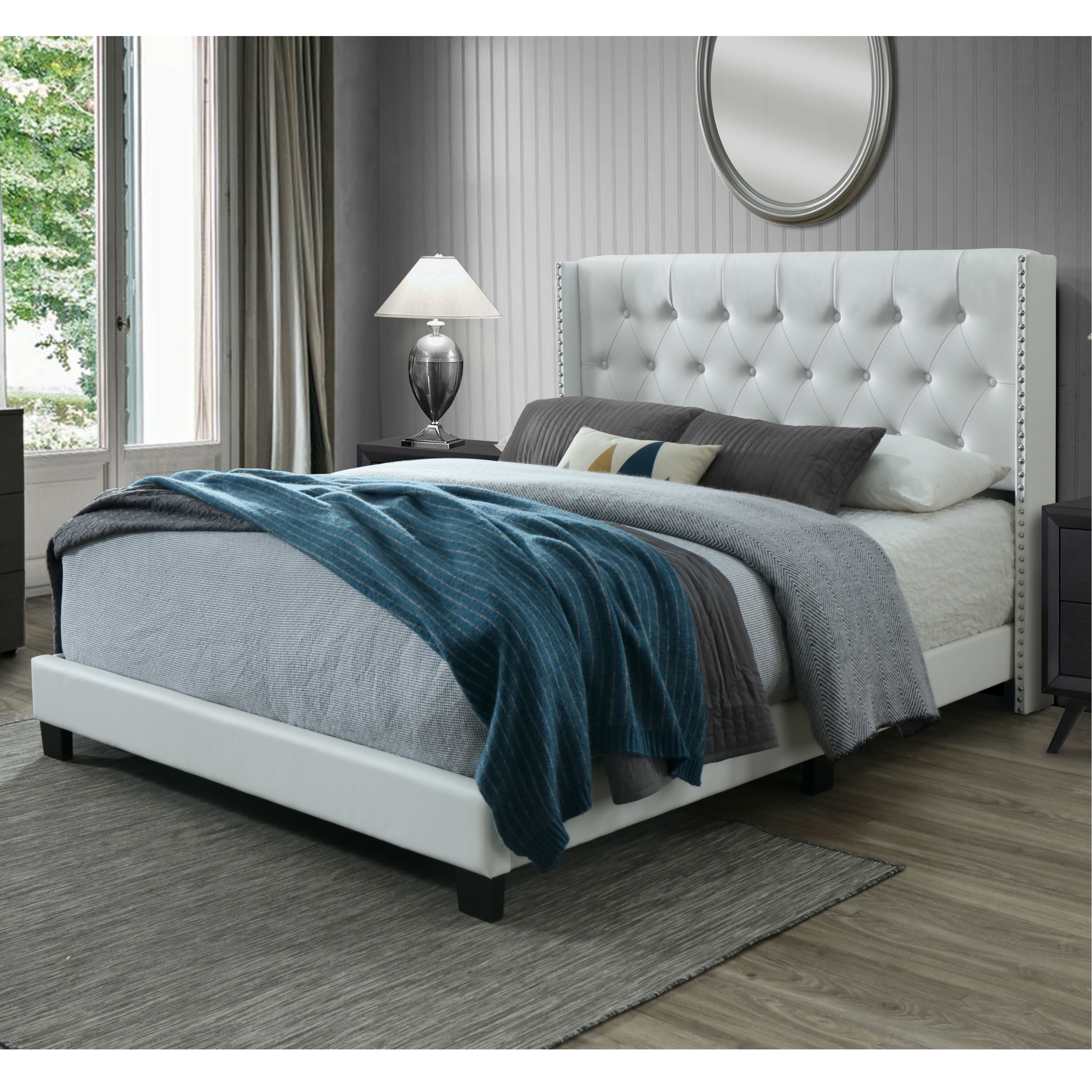 Panel Bed Frame Queen Size, Headboard White Leather