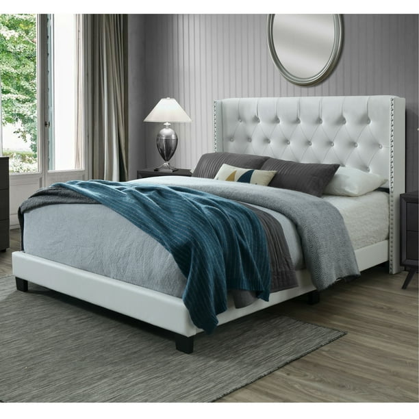 Panel Bed Frame Queen Size, White Leather Headboard
