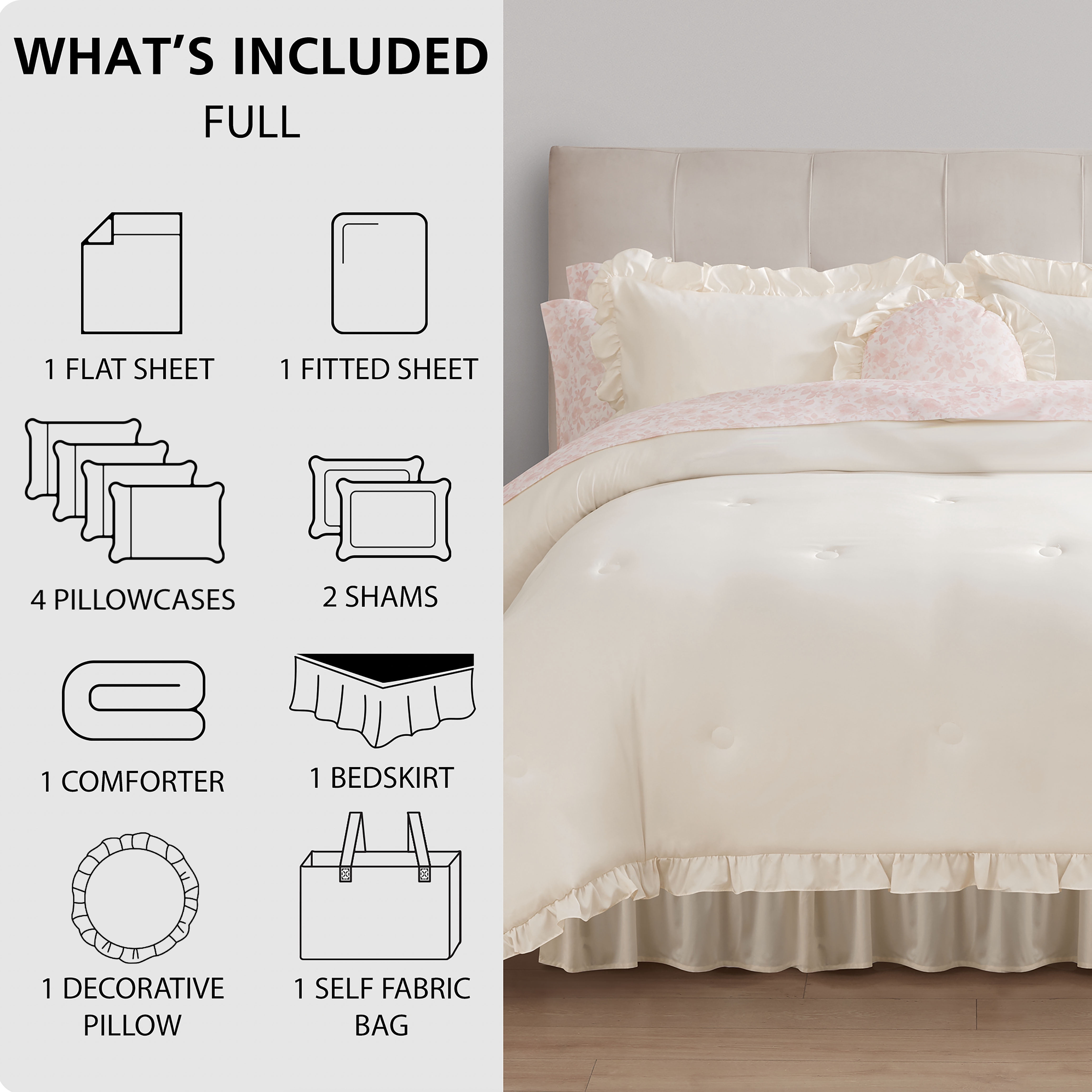Mainstays Reversible 11-Piece Bed-in-a-Bag Comforter Set with Sheets, Cream Ruffle, Full