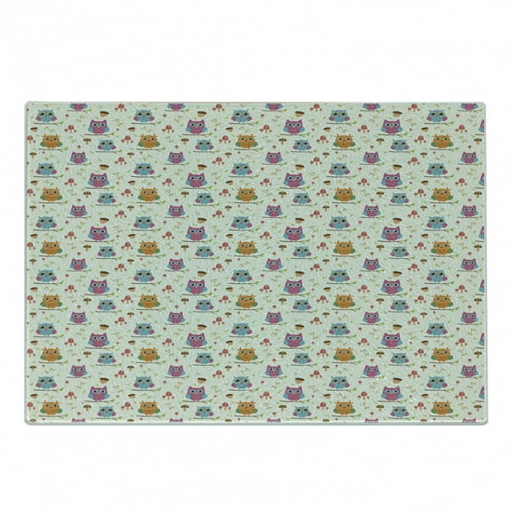 Owls Cutting Board, Illustration of Birds on Tiny Tree Branches with Mushrooms Nuts and Herbs Pattern, Decorative Tempered Glass Cutting and Serving Board, Small Size, Multicolor, by Ambesonne