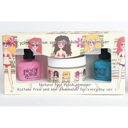 Piggy Polish 3pc Kit, Blue and Pink + Scratch Sugar Scrub Nail Polish Remover, .46 fl oz bottles + 2 oz sugar scrub remover