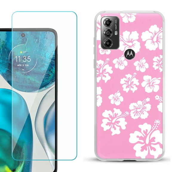 OneToughShield ® for Motorola Moto G Play 2023 Shockproof Fashion Phone Case, with Tempered Glass Screen Protector - Hibiscus Pink