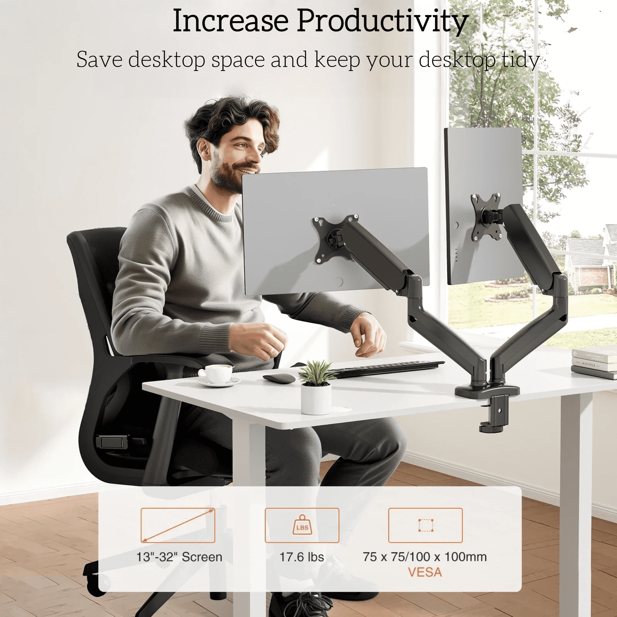 LIFERECORD Dual Monitor Stand for 13-32 Inch Screens, Gas Spring Monitor Arm with Adjustable Height, Tilt, Swivel, VESA Mount for Home Office Desk