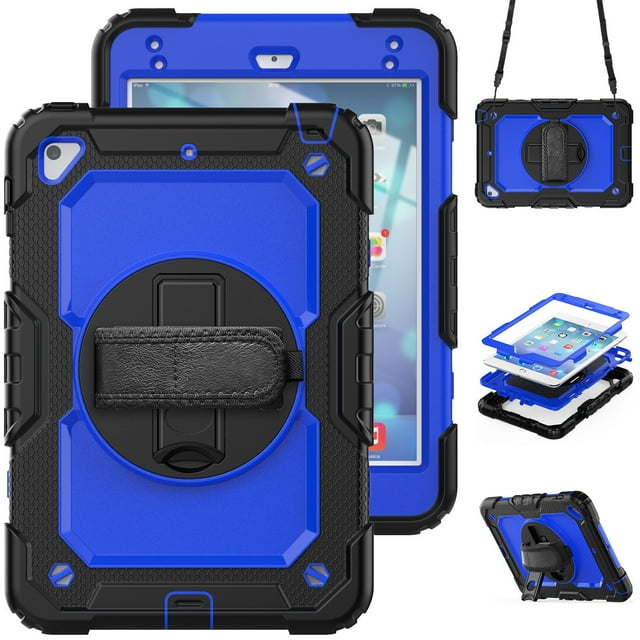Case for iPad Mini 5 2019/Mini 4 2015 (5th/4th Generation 7.9 inch) with Screen Protector, 360 Degree Rotating Kickstand Hand Strap Shockproof Cover with Shoulder Strap, Dark Blue PC