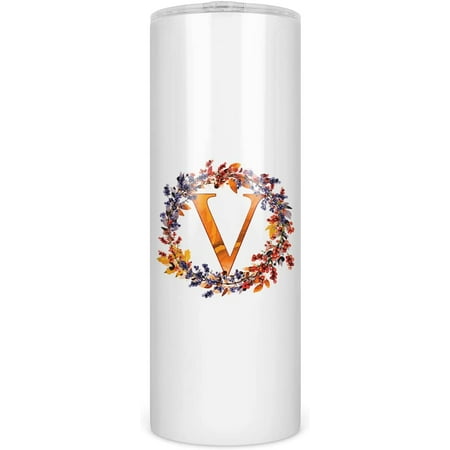 

Athenstics Insulated Travel Skinny Tumbler Beautiful Autumn Wreath Monogram Letter V 30oz Stainless Steel with Lid and Straw