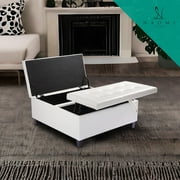 Ciara 35-Inch Air Leather Tufted Upholstered Lift-Top Ottoman Bench, Large Square Storage Coffee Table for Living Room, Toy Box, Footrest Stool, White Ottoman with Spacious Interior Compartment- White