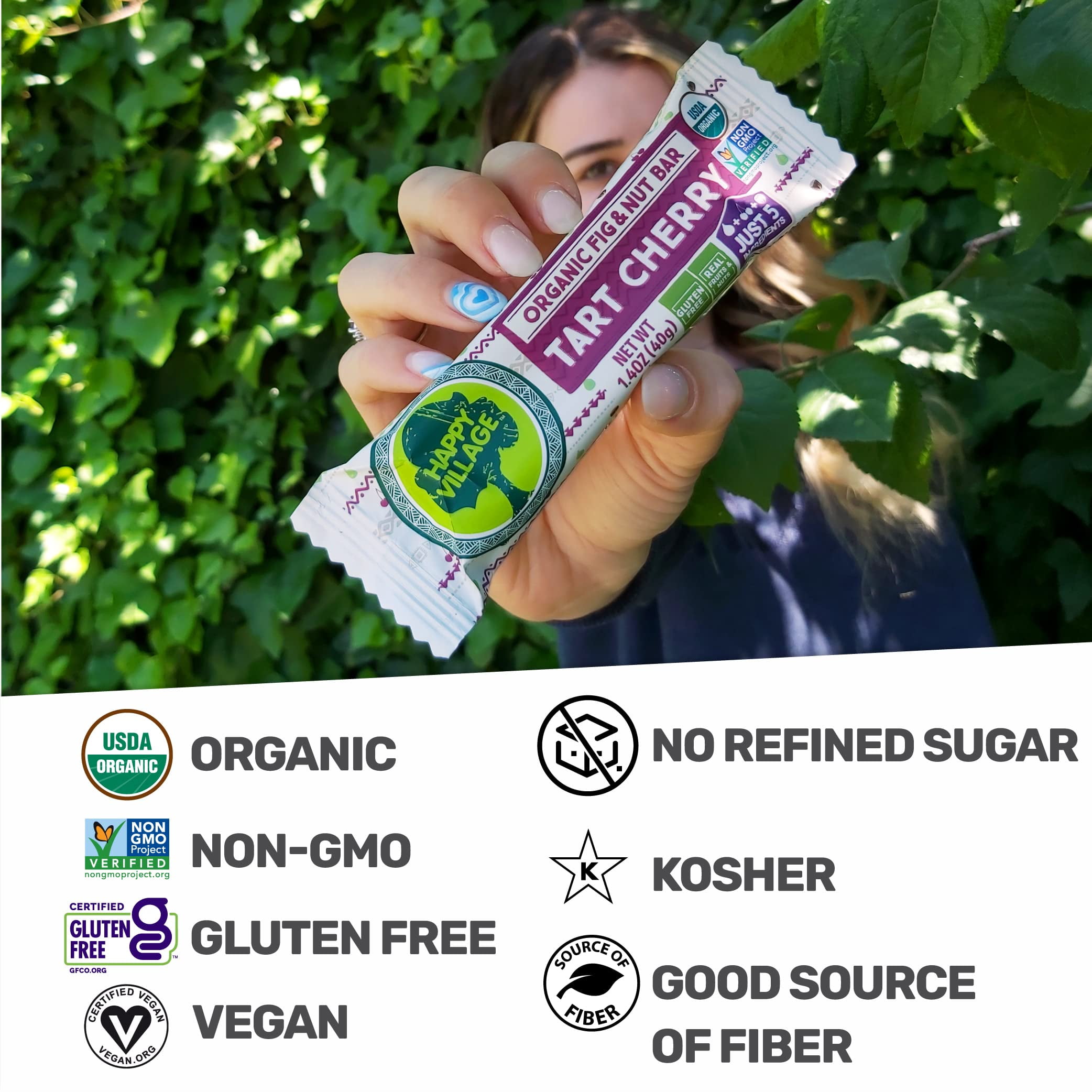 Happy Village Organic Fig & Nut Bar, Tart Cherry | Gluten Free, No Refined Sugar, Non-GMO, Vegan | Healthy Snack (16 x 1.4 oz Each in Carton Box)
