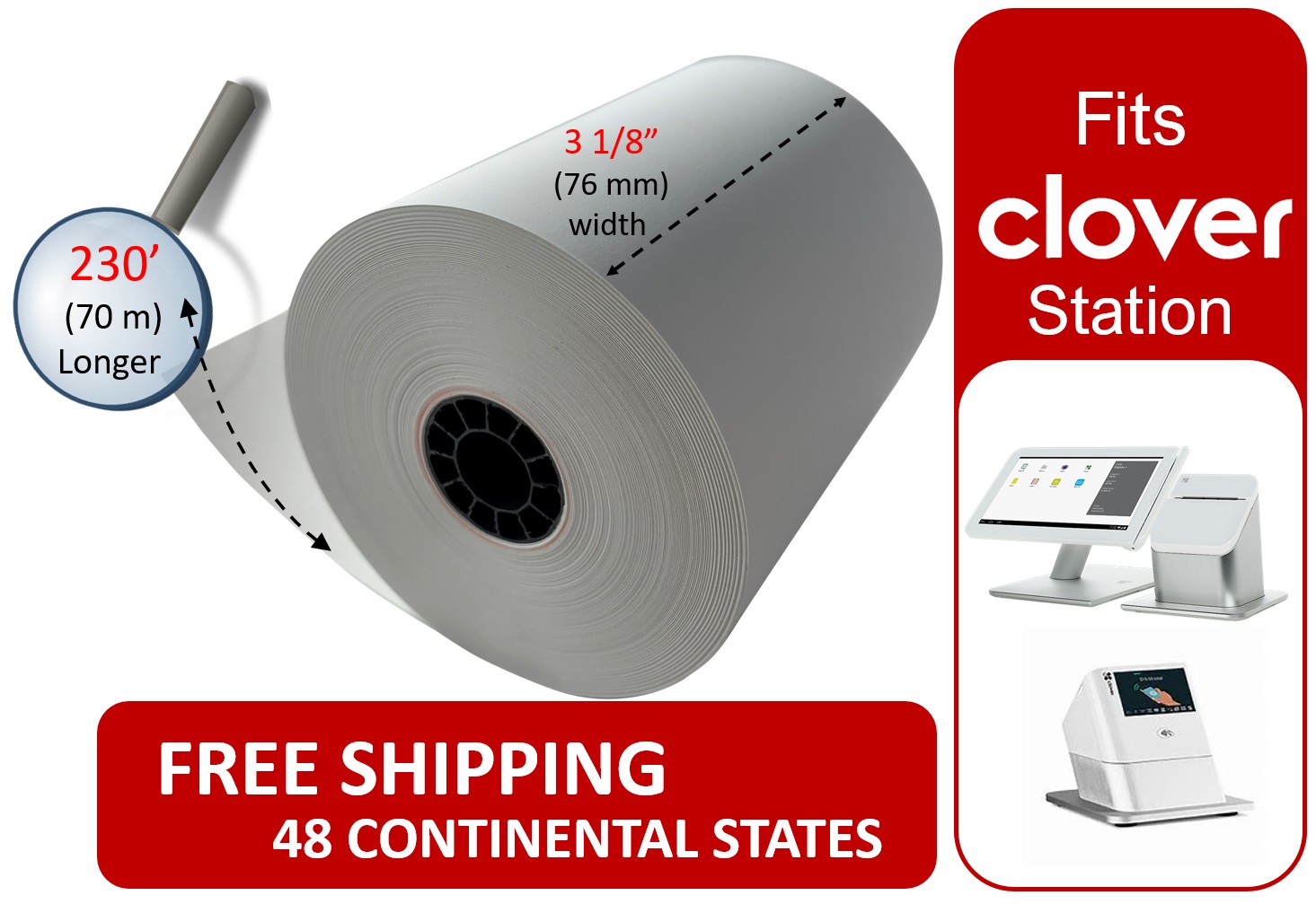 Clover Station Thermal Receipt Paper Rolls 3 1/8" x 230' (6 rolls)