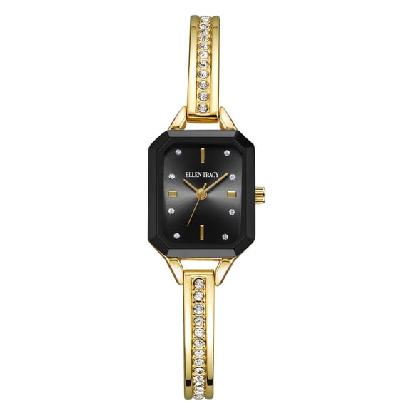 ELLEN TRACY Women’s Gold Half-Bangle Watch – Black Sunray Octagon Dial with Faceted Crystals