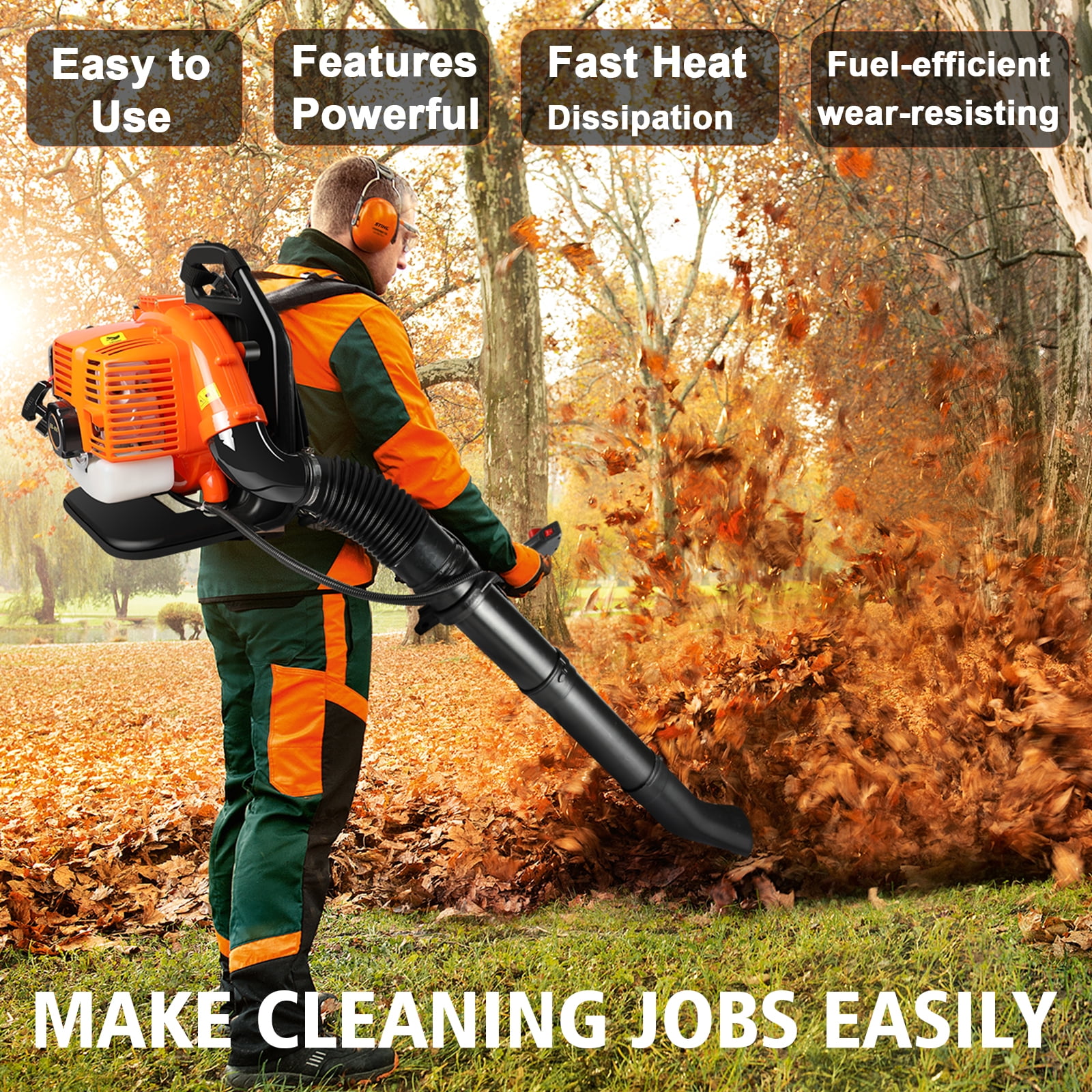 43CC Gas Backpack Leaf Blower, 665 CFM, 2800 RPM, 2-Stroke Engine Gas Blower for Landscaping, Snow Removal, and Heavy-Duty Yard Work – Lightweight, Quiet