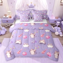 Feelyou Kawaii Music Cat Twin Bedding Sets 7-Piece, Cartoon Guitar Bedding Comforter Set, Teens Kids Boys Girls Reversible Sheet Sets, Ultra Soft Bedroom Decor
