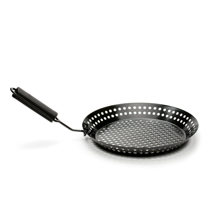 Non-Stick Metal Grilling Skillet with Folding Wooden Handle Grill Skillet Pan with Holes Removable Handle for Outdoor Grill Topper Barbecue Pan for