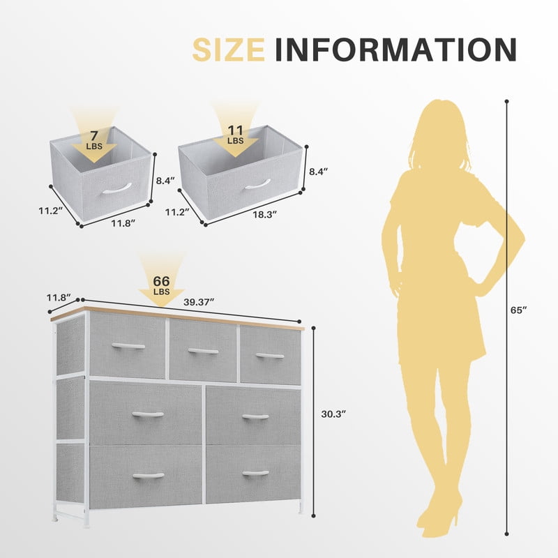 Simenmax 7 Drawer Dresser for Bedroom, Fabric Storage Dresser for Bedroom, Wood and Metal Dresser TV Stand for Living Room, Entryway Light Gray