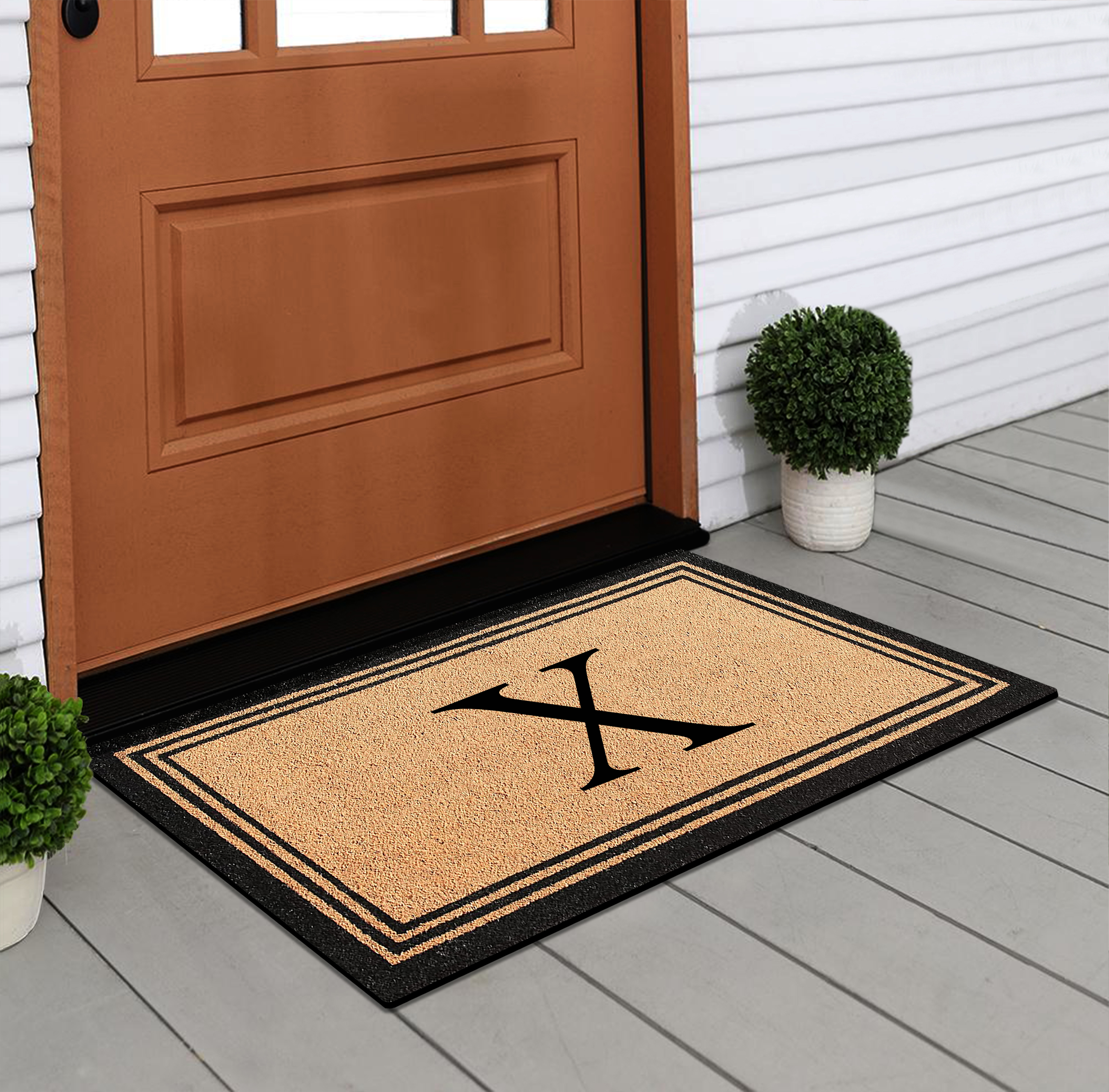 A1HC Black/Beige 18 in x 30 in Front Door Mat Coir PVC Classic Border Entryway Mat Heavy Duty Boot Scrapper Monogrammed Doormat