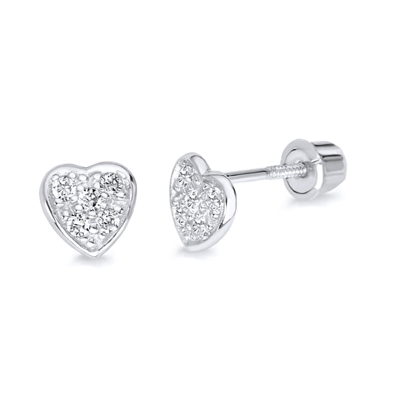 14k REAL White Gold Heart Stud Earrings with Screw Back