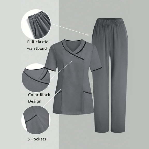 Gamivast Plus Size Womens Scrubs Set Wrap V-Neck Scrubs Tops Moisture Wicking Elastic Waist Straight Pant Soft Nursing Scrubs Pockets Contrast Trim Uniform Wear