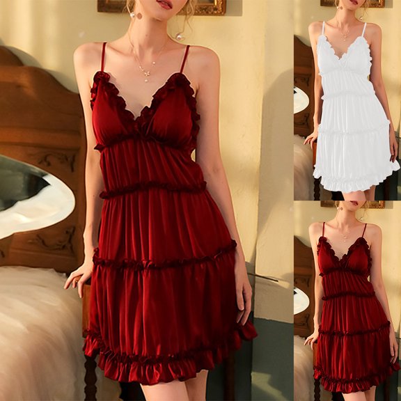 Antinious Ladies Camisoles Sleeveless Side Split Spaghetti Straps Sleep Open Back Satin Lace Home Fashion Long Style Nightgown