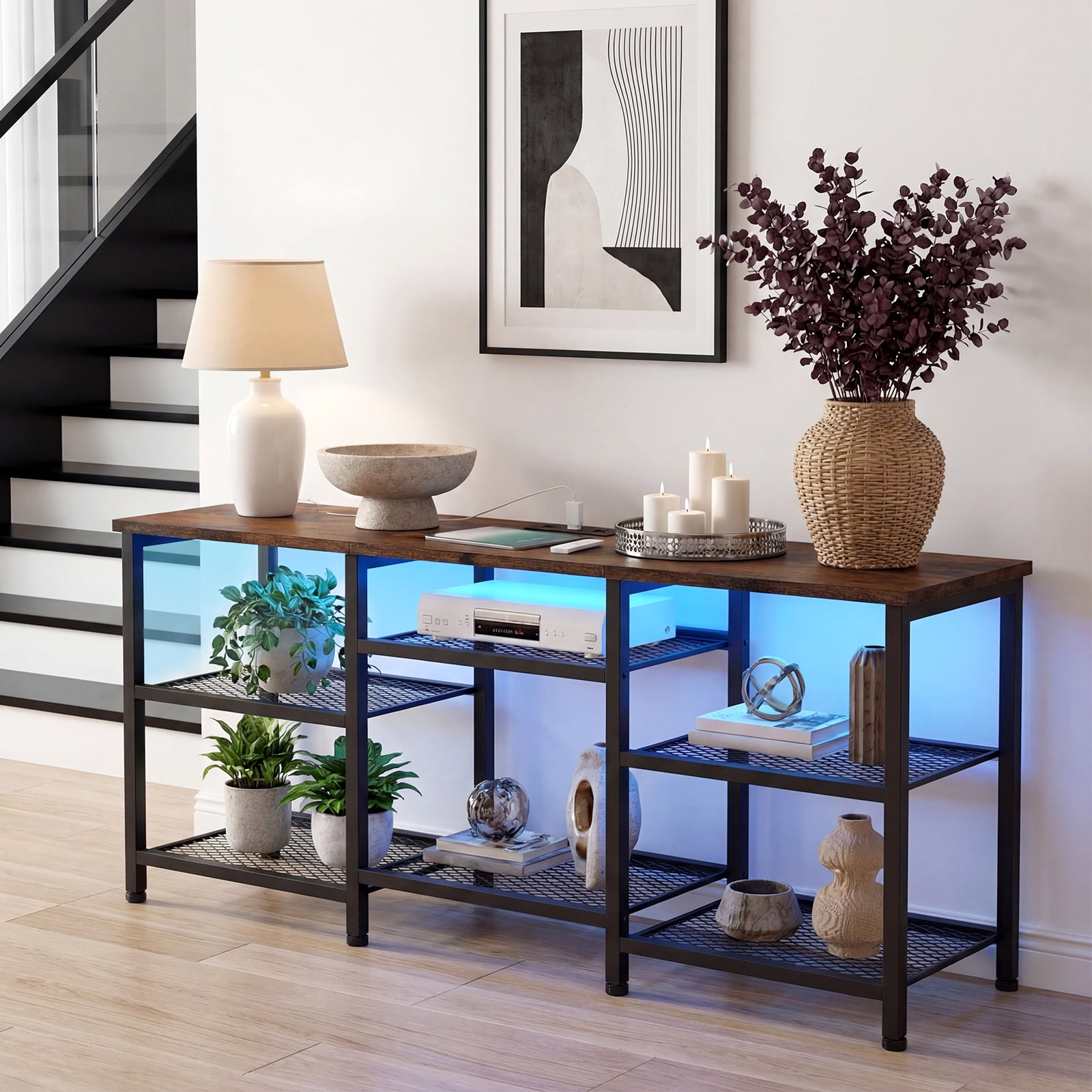 Tomnk 55 Inch TV Stand, Entertainment Center with Power Outlet & LED Lights, Open Storage Shelf Media Console Table for Living Room, Rustic Brown