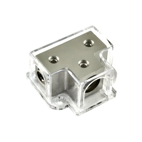 Nickel Plated 4 Gauge Input to 2x 8 Gauge Output Power or Ground Distribution Block
