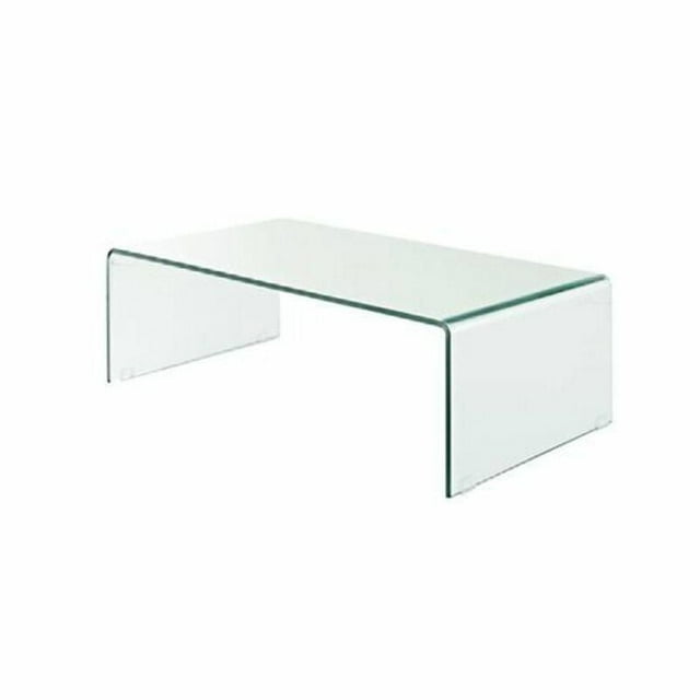 Clear un-tempered glass small coffee table with bent edges in a minimalist waterfall style.