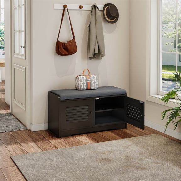 Hommoo Modern Shoe Storage Bench with Cushion, Entryway Shoe Rack Bench with Shutter Doors, Shoe Cabinet with Adjustable Shelves, Black