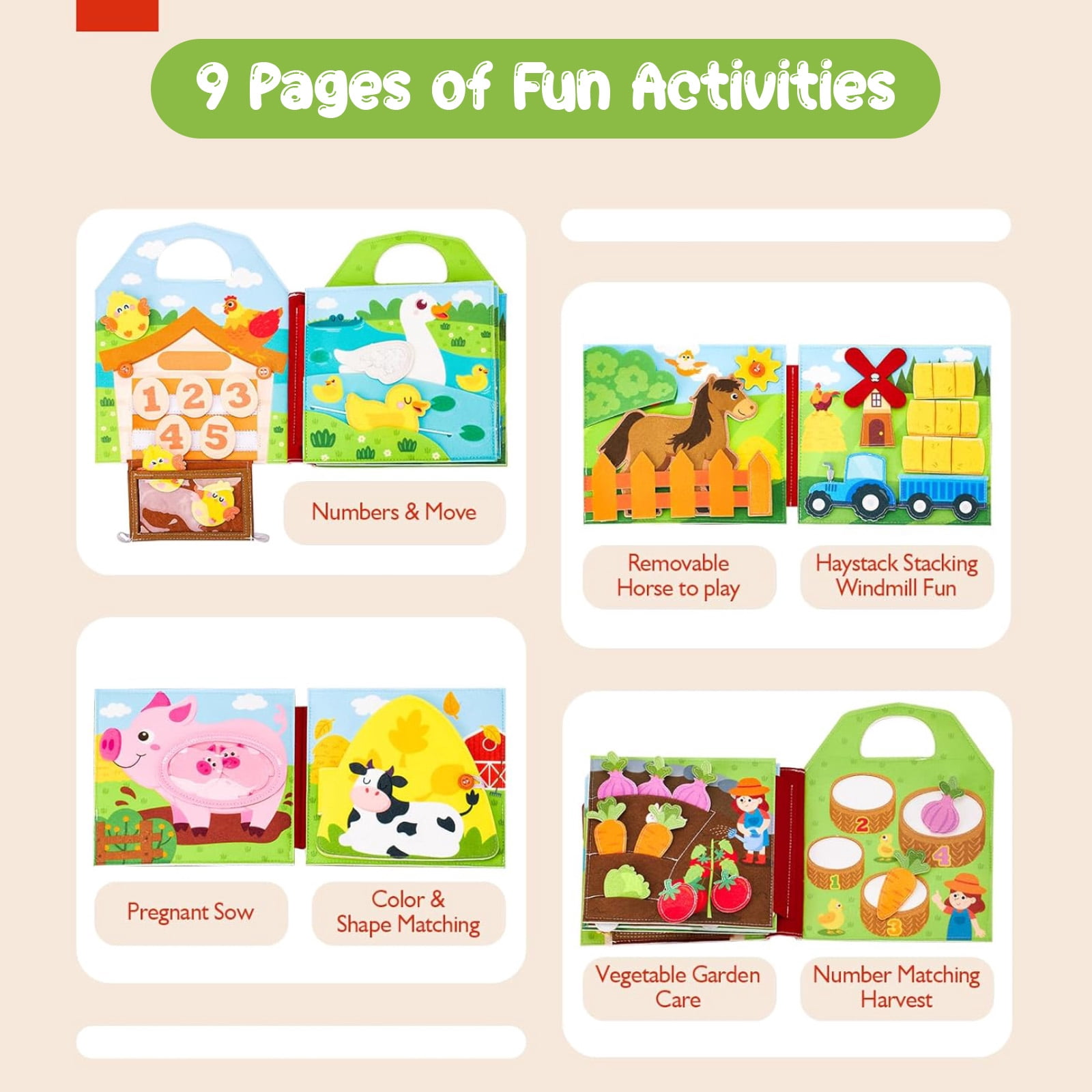 Montessori Toys for 3+ Year Old Boy Girl Gifts Busy Board for 1 2 3 Year Old Farm Animals Quiet Busy Book for Toddlers 1-3 Educational Activity Books Felt Learning Board Airplane Travel Toys