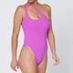 thumbnail image 2 of Trajes de baño para mujer SDJMa, bikini de dos piezas con un hombro descubierto y estampado liso, conjunto de ropa de playa morado, 2 of 4