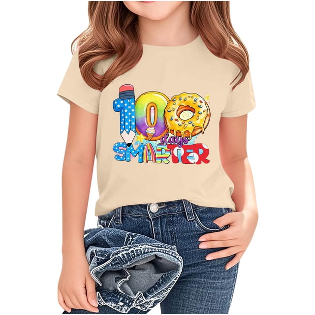 RXMEKW T-Shirt Imprimé pour Filles Manches Courtes Col Rond Haut Décontracté pour Enfants en Polyester avec Design Graphique Beigne pour la Saison Scolaire Printemps et Été