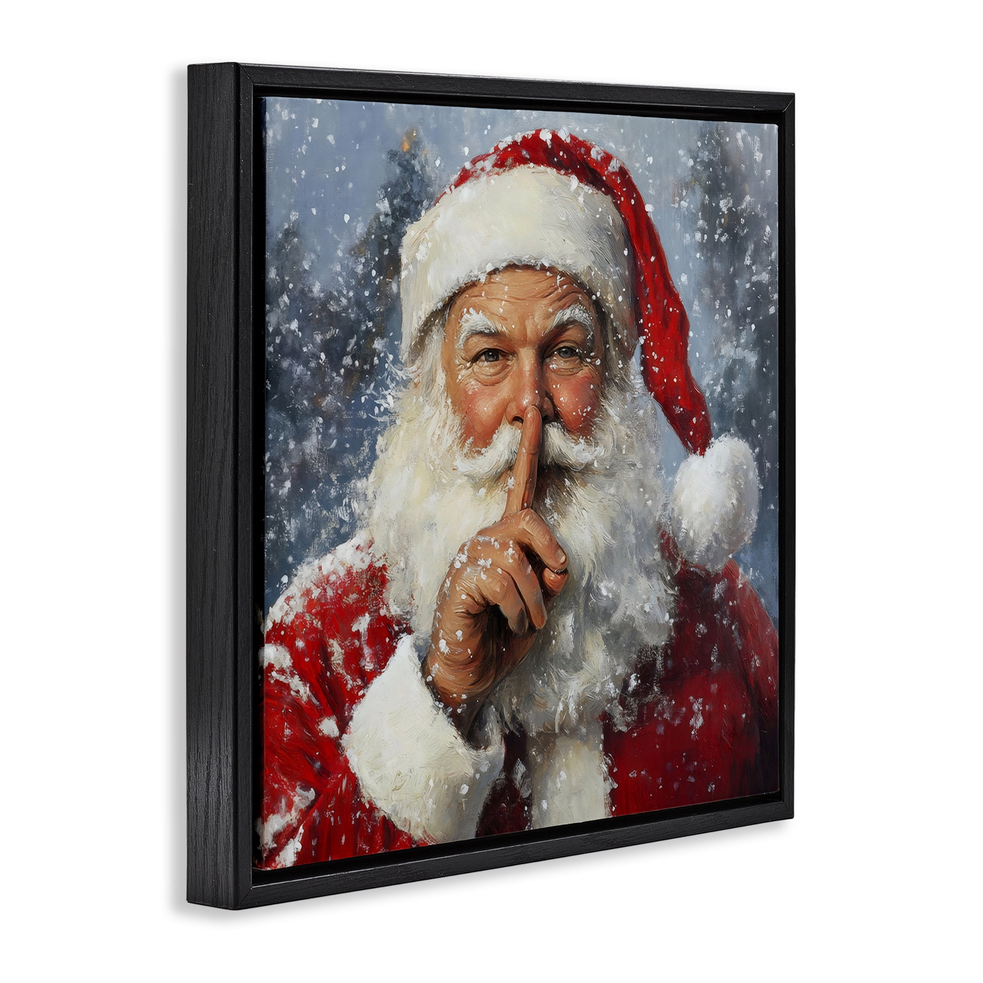 Secret Santa Shh Black Framed Floater Canvas Wall Art, design by Petal Prints Design