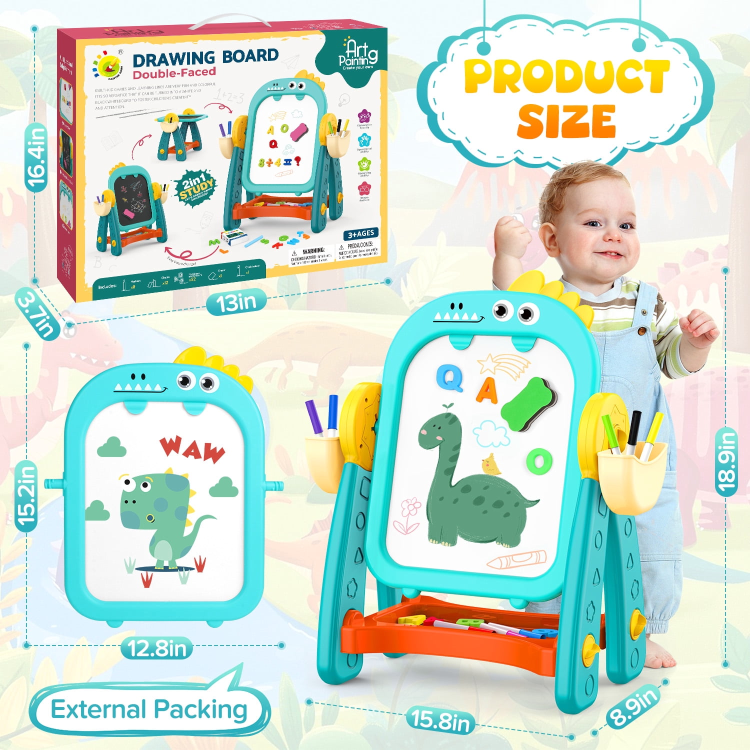 Huge Wave Dinosaur Easel for Kids, Double Sided Chalkboard and Whiteboard, Learning Board Games, Christmas Birthday Gift for Boys Girls Age 2-6 Years Old