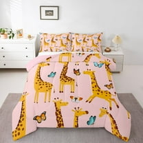Homewish Pink Orange Giraffe Queen Comforter Set for Child, Kawaii Butterfly Animal Bedding Sets, Cartoon Theme Reversible Bedding Comforter Set, Microfiber Bedroom Decor, 3pcs