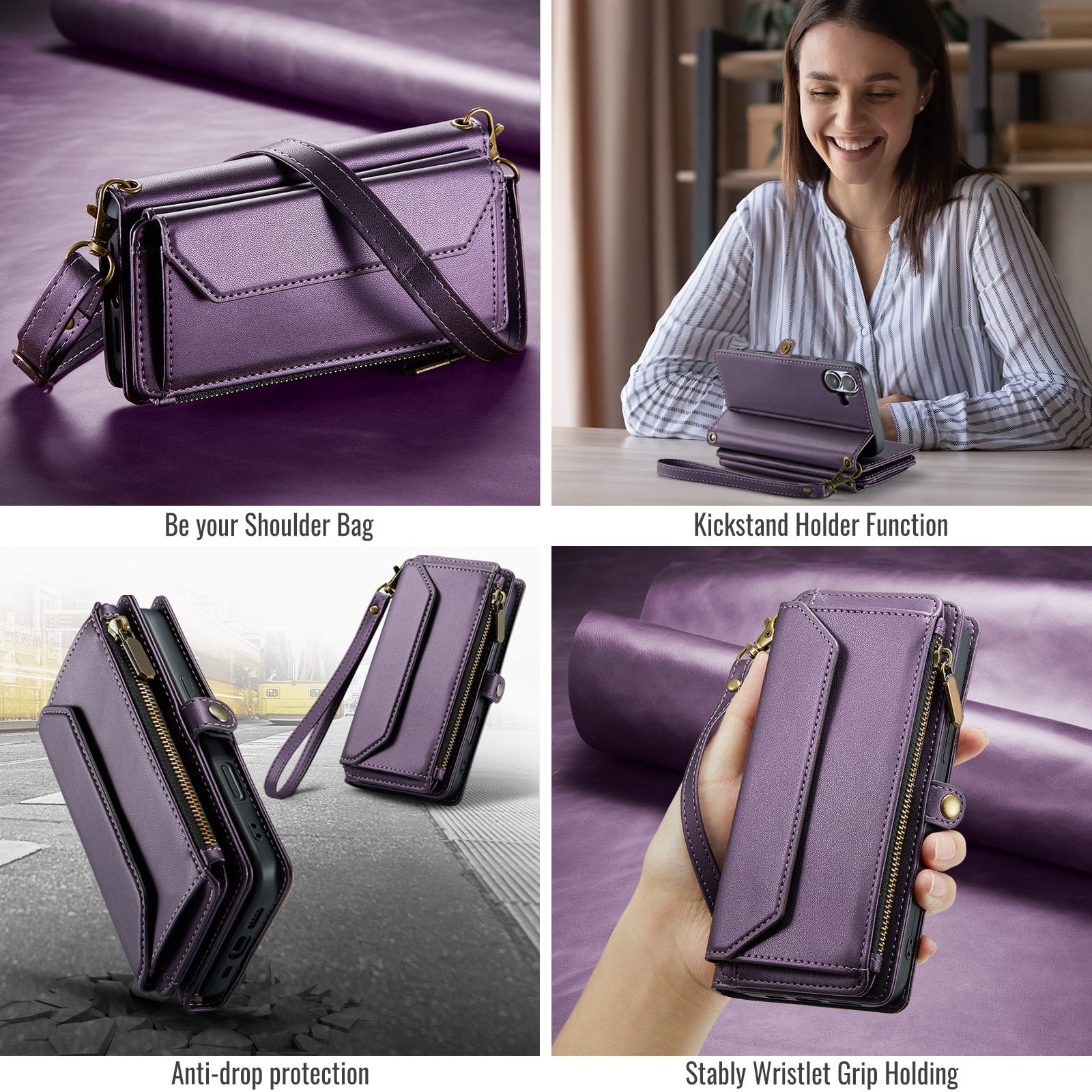 Asuwish Compatible with iPhone 16 6.1 inch Zipper Wallet Phone Case Tempered Glass Screen Protector Crossbody Lanyard Strap Flip Card Holder Slot Cell Cover for i Phone16 i16 16Case Women Purple