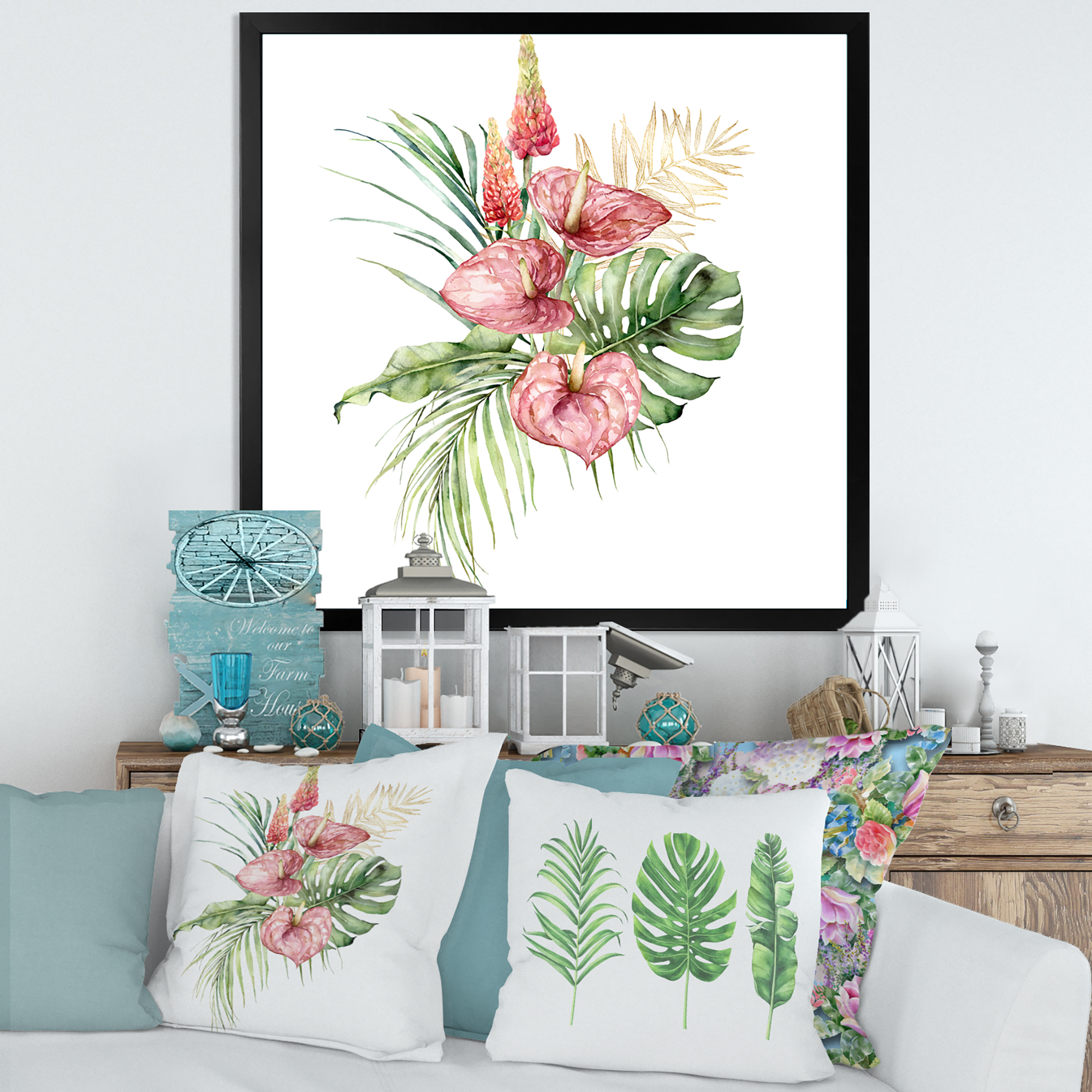 Designart 'Tropical Bouquet With Anthurium Lupine and Leaves On White I' Traditional Framed Art Print