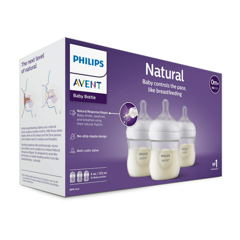 Biberon en verre Natural Philips Avent avec tétine Natural Response, 125 ml  (4 oz), emb. de 3, SCY910/03 biberon enverre 4oz 3pk , biberon philips  avent 