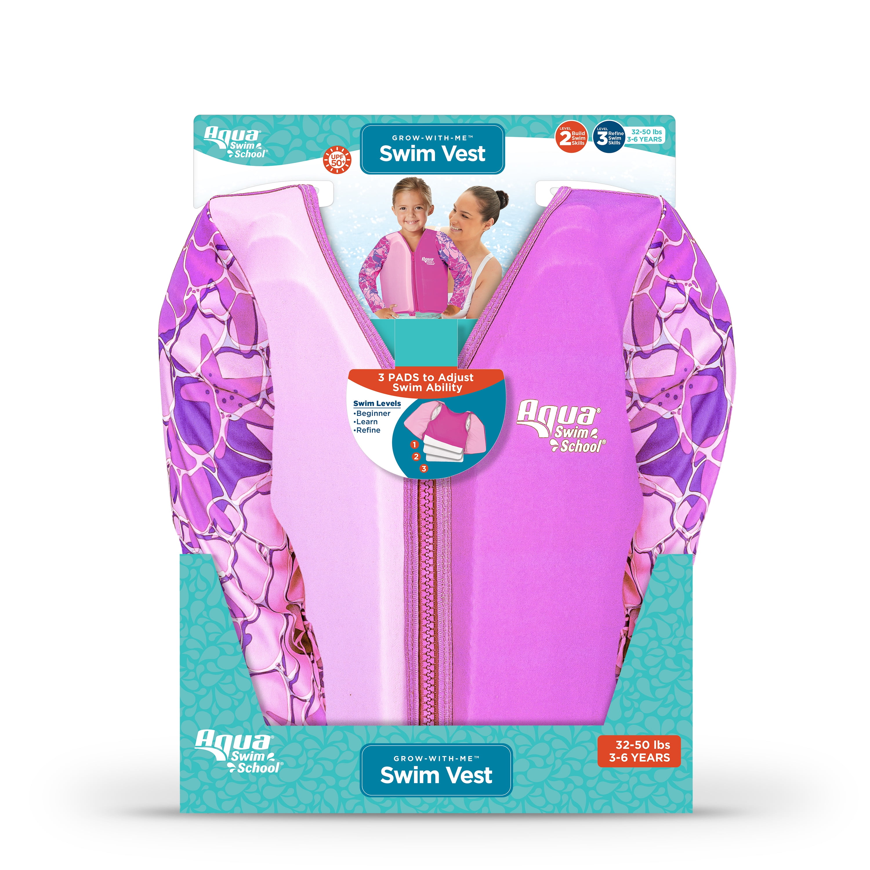 (2 pack) Aqua SwimSchool Grow-with-Me Swim Vest, Ages 3-6, Pink Turtle