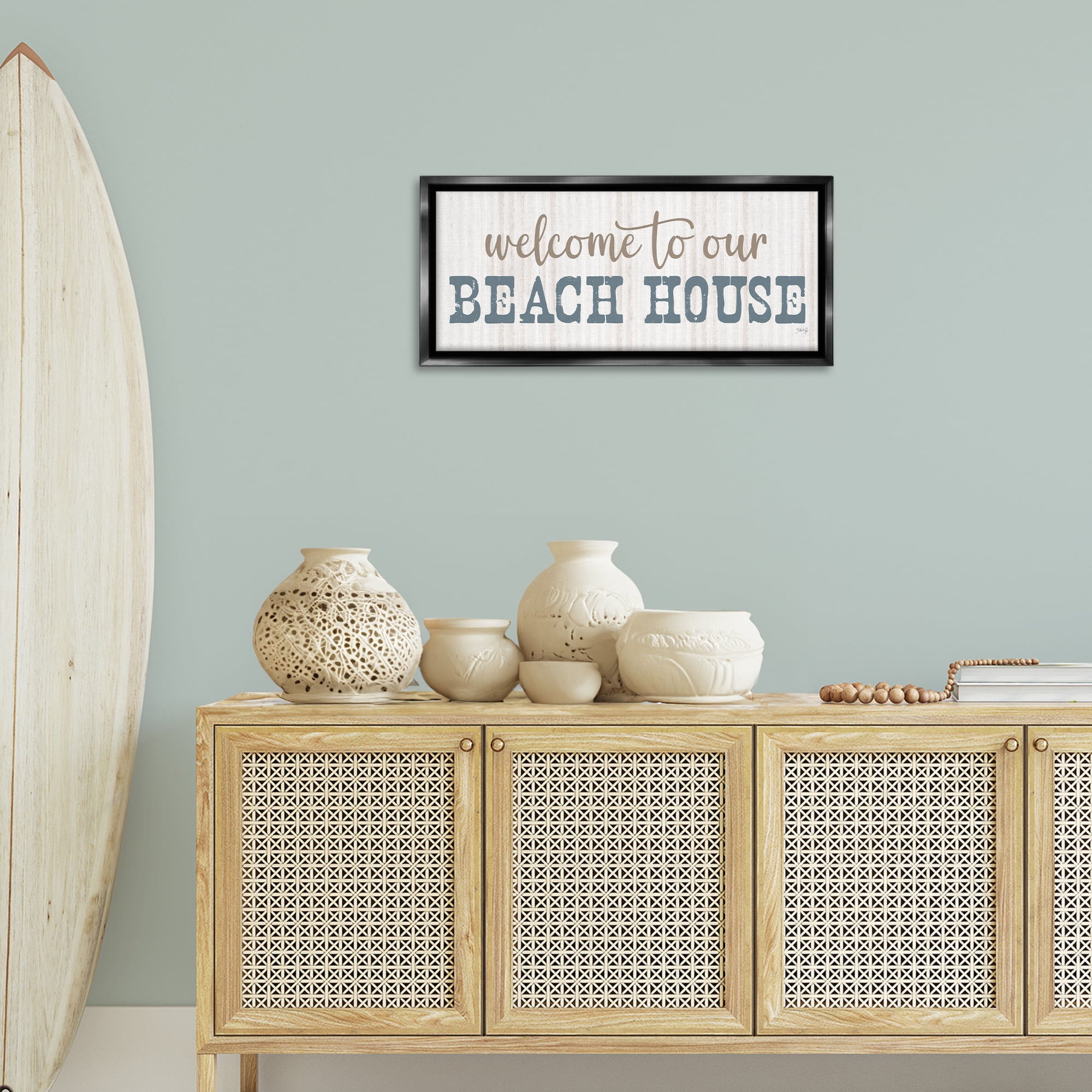Stupell Industries Welcome Beach House Typography Painting Black Floater Framed Canvas Art Print Wall Art, 31 x 14