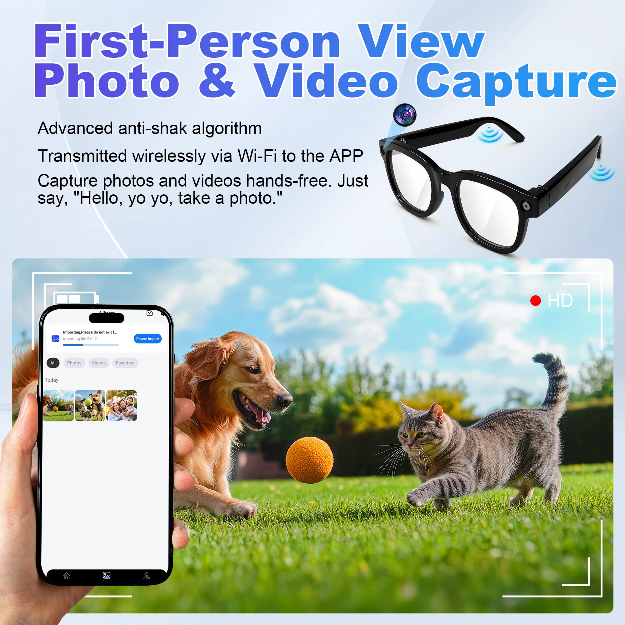 CamelParty AI Smart Glasses with Camera and Bluetooth, Recording Sunglasses with Voice Assistant, WI-FI, Real-Time Translation, Hands-Free Calls & Music