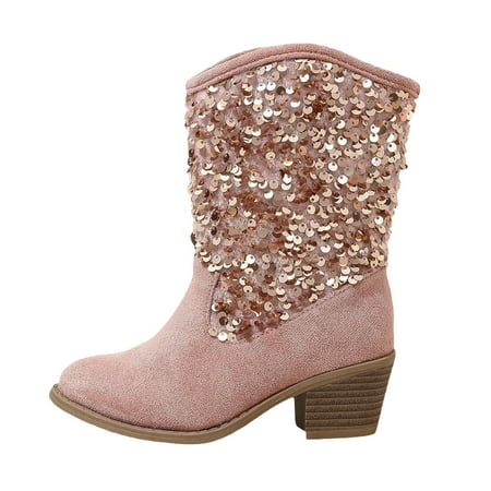 

eileial Girls Warm up Booties Cowgirl Cowboy Boots Square Toe Mid Calf Riding Shoes Little Kid/Big Kid Pink 3