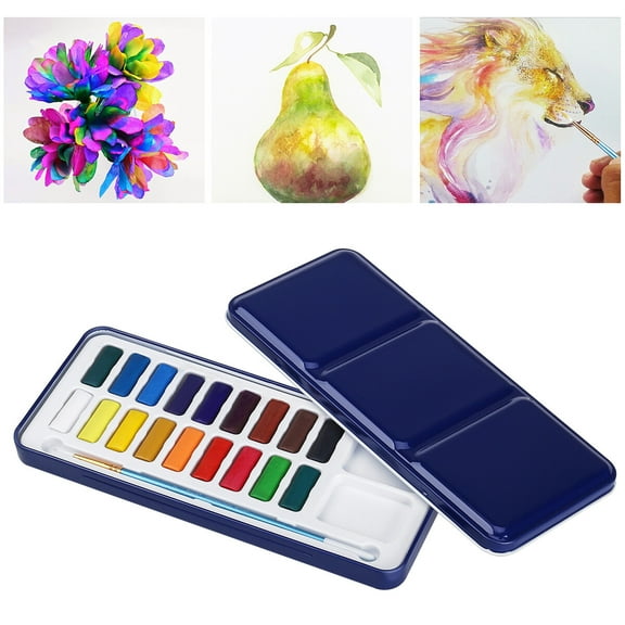 ULTNICE Watercolor Paint Set with 18 Colors and Brush in Tin Metal Blue Iron Box for Painting 12L x