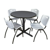 Cain 42" Grey Round Breakroom Table and 4 'M' Stack Chairs, Multiple Colors