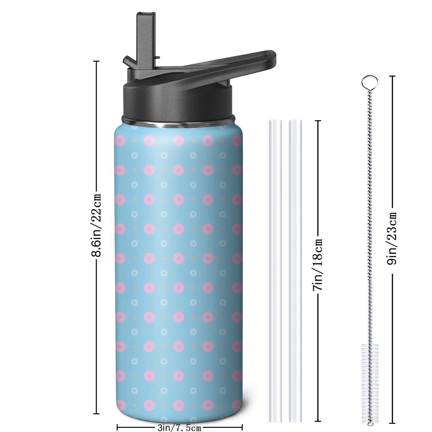 Modern 18 oz Insulated Stainless Steel Water Bottle with Straw & Cleaning Brush , Leakproof, BPA-Free, 304 Stainless Steel, Wide Mouth, Travel Mug for Car, Gym, Office