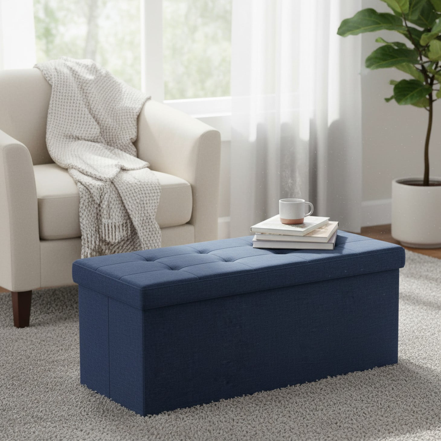 CONCETTA 43" Storage Ottoman Bench, Foldable Footrest Stool with High Load Capacity, Holds Up to 660 lb，Blue